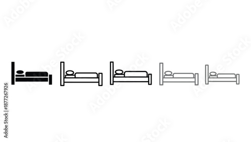 Collection of black and grey icons representing a person sleeping in a bed