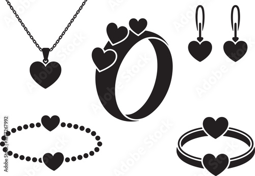 Valentine jewelry set with heart pendant necklace ring earrings and bracelet silhouette vector