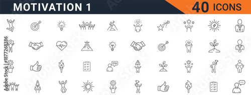 A diverse set of 40 line icons depicting various motivational symbols and concepts, including people, goals, and inspiration, for use in graphic design projects.