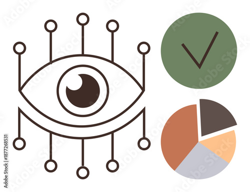 Data security, analytics, technology, decision-making, validation, and information systems. Eye with circuit connections, pie chart green checkmark. Data security and analytics visualization concept