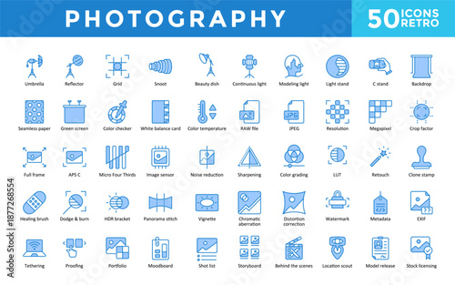 Photography icons set with beauty dish, continuous light, modeling light, location scout, image sensor, and chromatic aberration icon. Simple retro vector 
