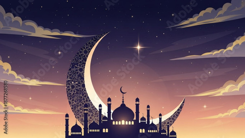 Islamic crescent moon with mosque silhouette and starry night sky Ramadan Kareem greeting card illustration spiritual concept