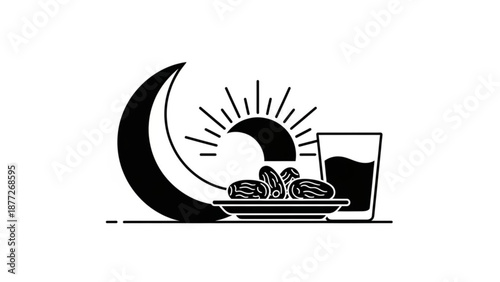 Ramadan Iftar icon set featuring crescent moon sun dates on plate and glass of water vector illustration for Islamic holidays and breaking fast
