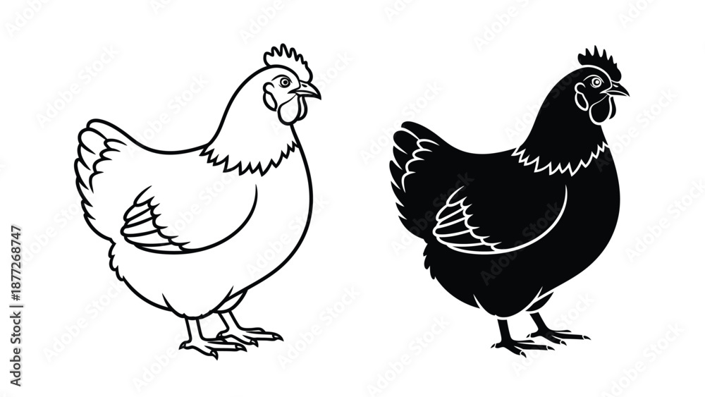 Fototapeta premium Stylized chicken and hen silhouettes in contrasting black and white graphics