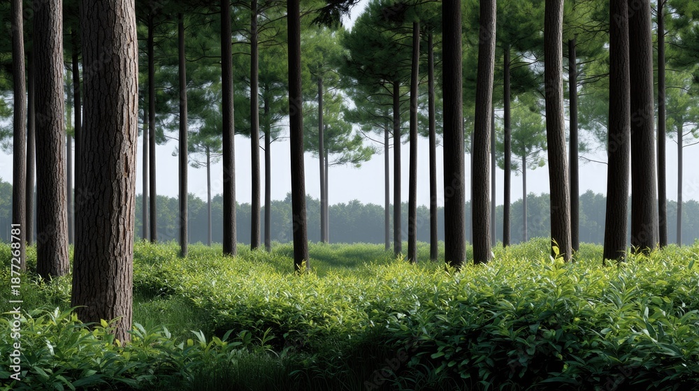 Naklejka premium Lush Green Forest with Tall Trees Surrounded by Vibrant Underbrush on a Bright Sunny Day in a Peaceful Natural Landscape Environment