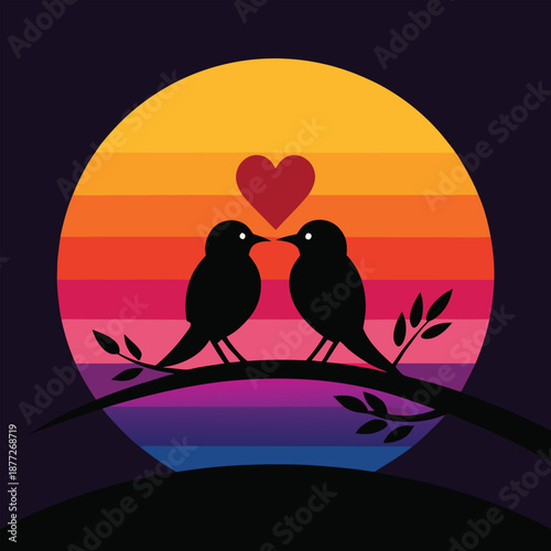 Minimalist black bird silhouette illustration featuring two lovebirds on a tree twig, isolated vector graphic for nature and wedding themes