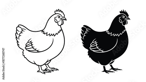 Stylized chicken and hen silhouettes in contrasting black and white graphics