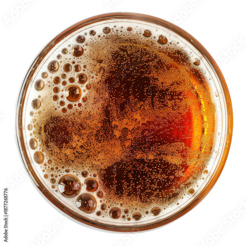 Effervescent amber liquid a top-down view of bubbling beer in a glass isolated on white background