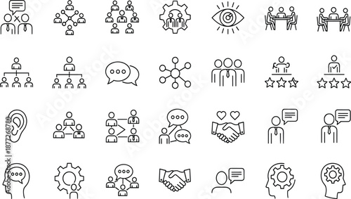 Set of team collaboration icons, business leadership symbols, corporate communication, meeting, partnership, handshake, organizational hierarchy, vision, and professional workforce collection