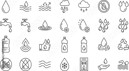 Set of water line icons, drop, rain, faucet, bottle, recycle, nature, drink, liquid, plumbing, ecology, vector illustration collection isolated on white.