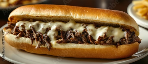 Melted cheese steak sub, close up, restaurant