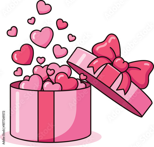 An open round pink gift box with a large bow releasing an explosion of cartoon love hearts.