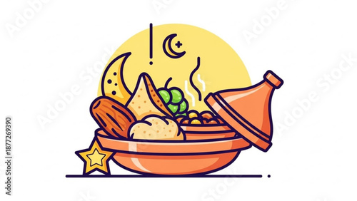 Traditional Moroccan tagine dish with dates samosas and fruits symbolizing Ramadan Iftar meal flat vector illustration for culinary concepts