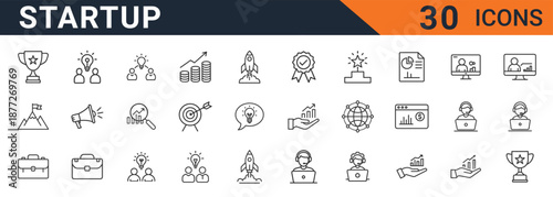 A comprehensive set of thirty thin line vector icons illustrating essential concepts for new business ventures, company growth, and entrepreneurial success.