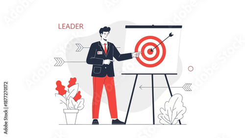 Business leader points at target with arrow, concept of strategy and success