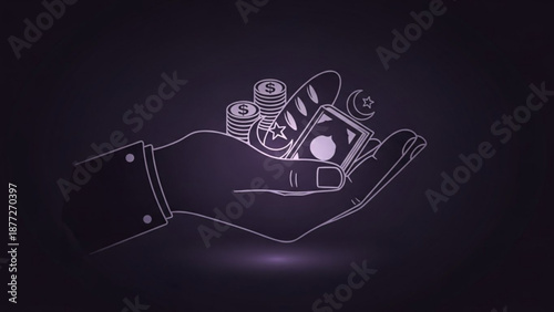 Hand holding various icons representing finance religion and food conceptual illustration for business and lifestyle themes dark background
