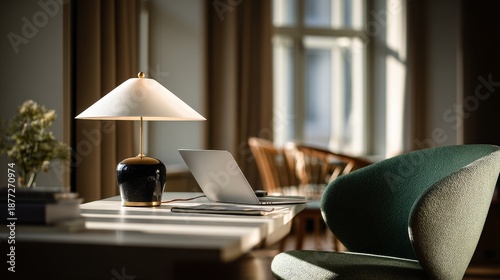 Minimalist office interior with modern table, black ceramic lamp casting soft shadow, MacBook Pro on white surface, dark green chair, wishbone chair in background, warm natural lighting