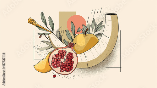 An illustration of shofar and apples and pomegranates for the Jewish New Year Rosh Hashanah. 