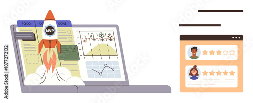 Startup strategy, project development, business growth, evaluation process, user feedback, productivity analysis. Rocket launching from a laptop with graphs and task lists. Startup and project