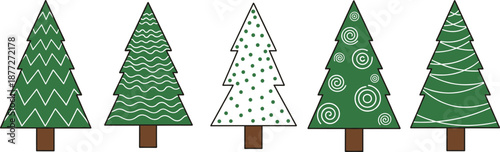 Decorated christmas tree set vector illustration festive pine trees with patterns for holiday design