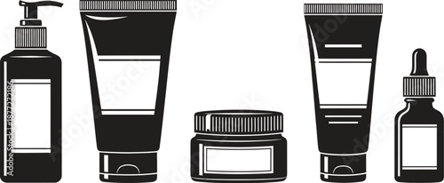 Black and white cosmetic product packaging illustrations