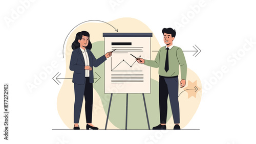 Business meeting, presentation with graph on whiteboard, teamwork