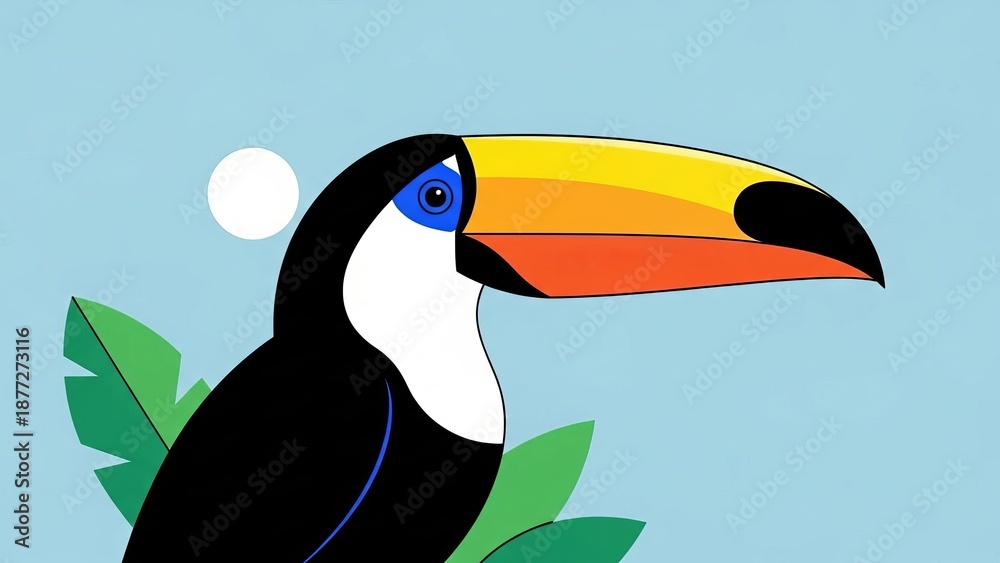 Fototapeta premium A vibrant Toucan perched on lush foliage against a serene blue sky viewed from the side