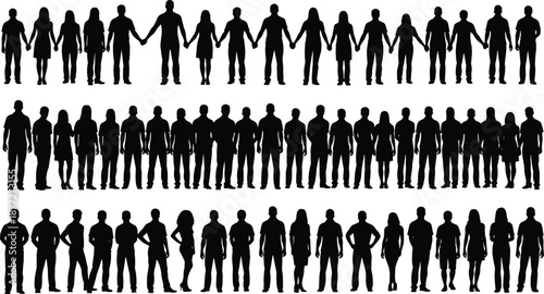 Large group of people silhouettes set, men and women standing and holding hands, diverse crowd vector outlines for community, teamwork, and social concepts