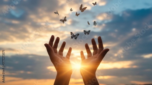 Soaring with Freedom: Hands release a flutter of butterflies against a dreamy, sun-kissed sky, symbolizing liberation, hope, and the pursuit of dreams.