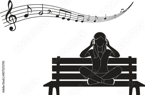 Woman sitting on bench with headphones listening to music