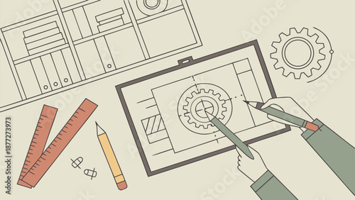 Engineer designing mechanical blueprint with precision tools and pencils
