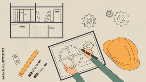 Engineer designing mechanical gears with tools and safety gear nearby
