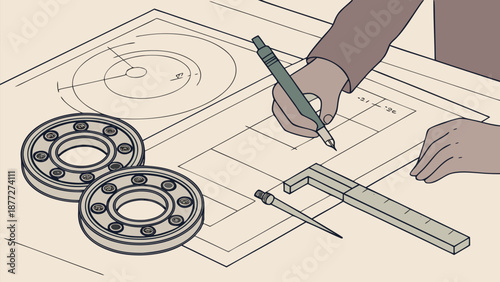 Hands drawing mechanical blueprint with tools and bearings