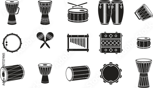 Collection of various drums and percussion instruments