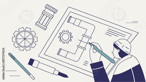 Engineer designing blueprints with pencil and technical drawings