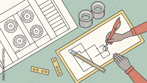 Hands drawing architectural plans with pencil and ruler on paper