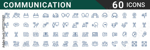 A comprehensive collection of sixty minimalist outline vector icons representing diverse communication methods, including online meetings, digital devices, and personal interactions.
