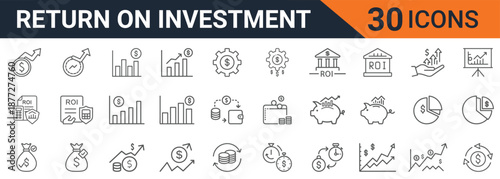 Collection of thirty minimalist line art vector icons illustrating concepts related to return on investment finance growth banking and profit analysis