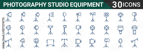 A comprehensive vector graphic illustration set detailing thirty distinct icons representing professional photography studio lighting equipment and support stands for design projects.