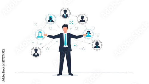 Businessman Connecting People Network on White Background