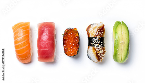 Assorted sushi pieces with various fresh ingredients on white background