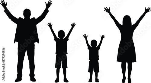 Silhouette of joyful family with raised arms, symbolizing unity, happiness, and togetherness in celebration, ideal for family themes, lifestyle, and emotional design concepts