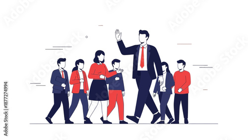 Business Leader Leading Team, Diverse Group Following Confident Man