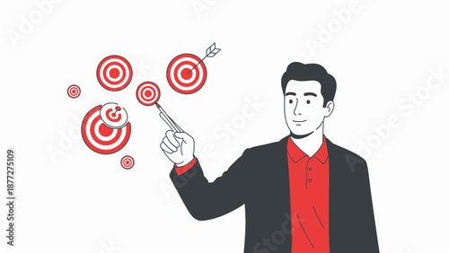 Businessman pointing at multiple targets, concept of goals and strategy