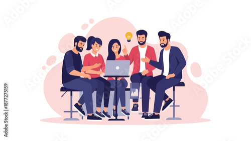 Teamwork and Brainstorming: Diverse group of people collaborating on a project with laptop.