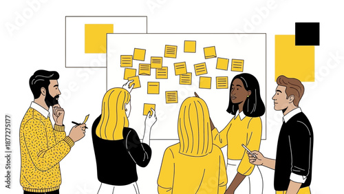 Diverse team brainstorming ideas on a whiteboard with sticky notes