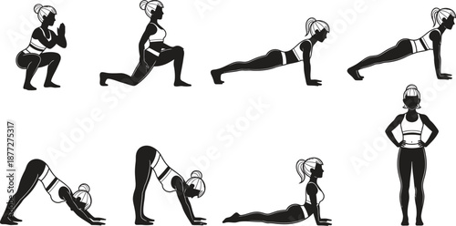 Woman performing various yoga poses in black silhouette