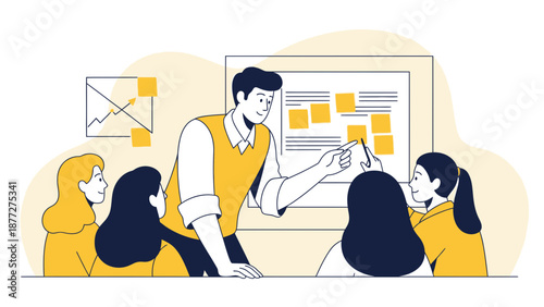 Teamwork meeting with presentation and sticky notes, planning and strategy illustration