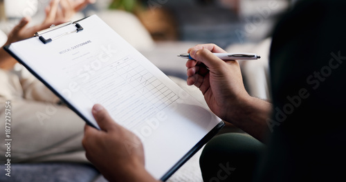 Photos People, hands and doctor writing with clipboard for health results, checkup policy or application