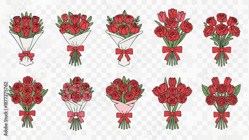 Collection of ten red rose bouquets with ribbons.